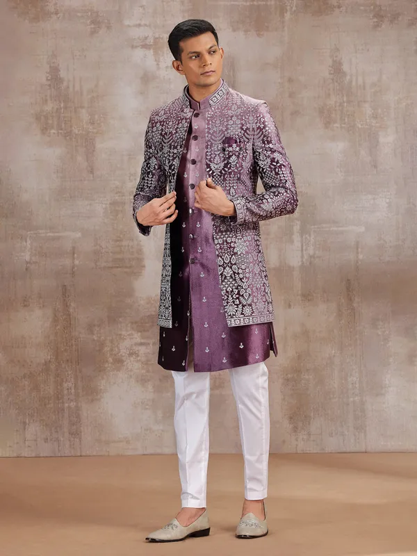 Wine silk jacket style indo western for mens