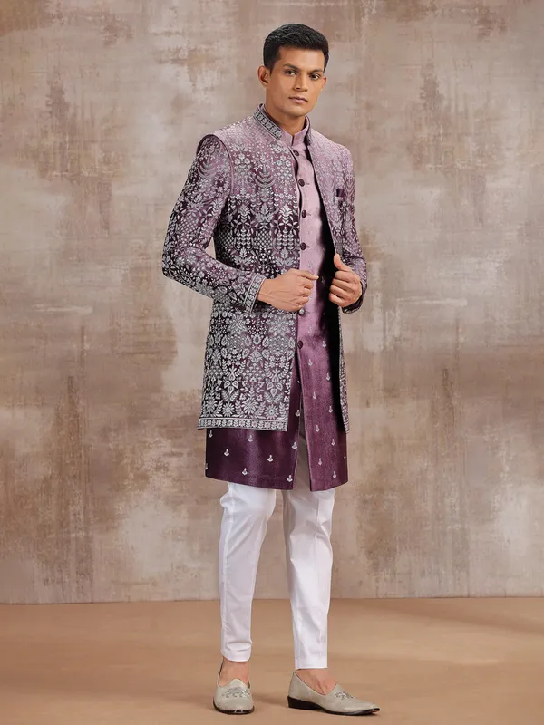 Wine silk jacket style indo western for mens