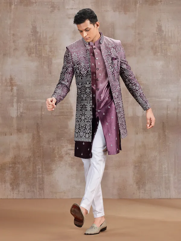 Wine silk jacket style indo western for mens