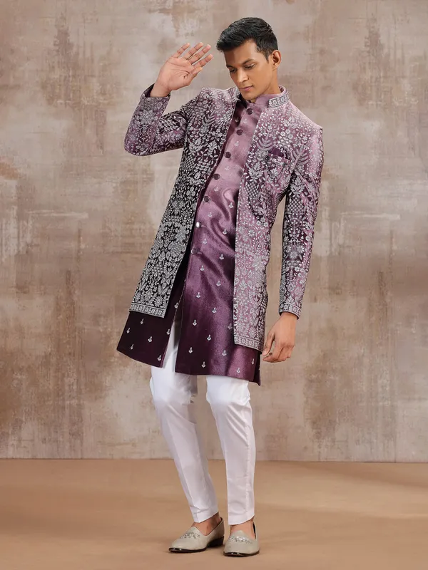 Wine silk jacket style indo western for mens