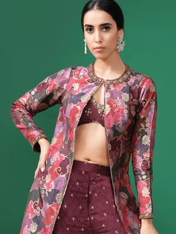 Wine silk jacket style sharara suit