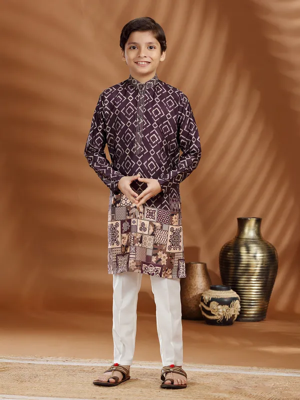 Wine silk kurta suit in printed