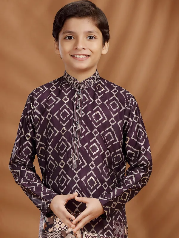 Wine silk kurta suit in printed