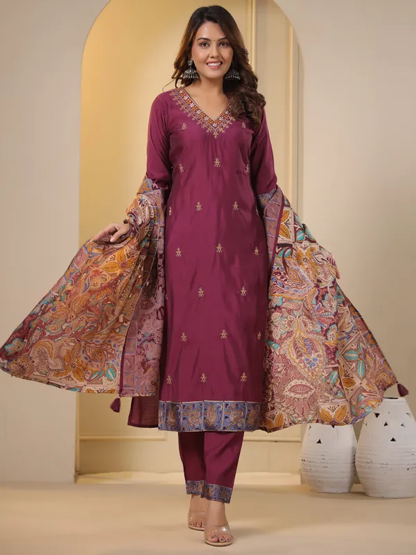 Wine silk kurti set with printed dupatta