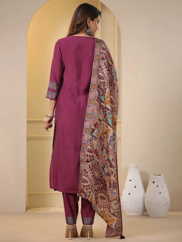 Wine silk kurti set with printed dupatta