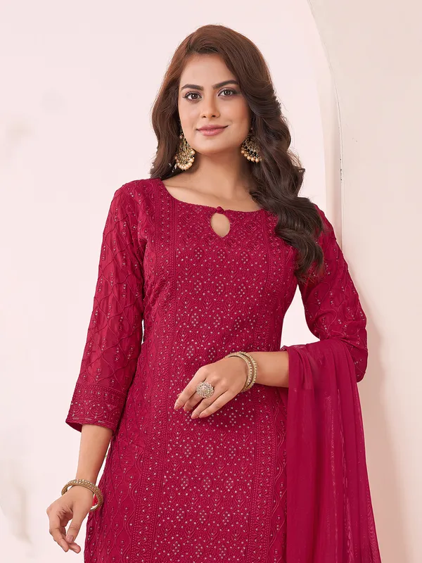 Wine silk pakistani suit with keyhole neck and dupatta