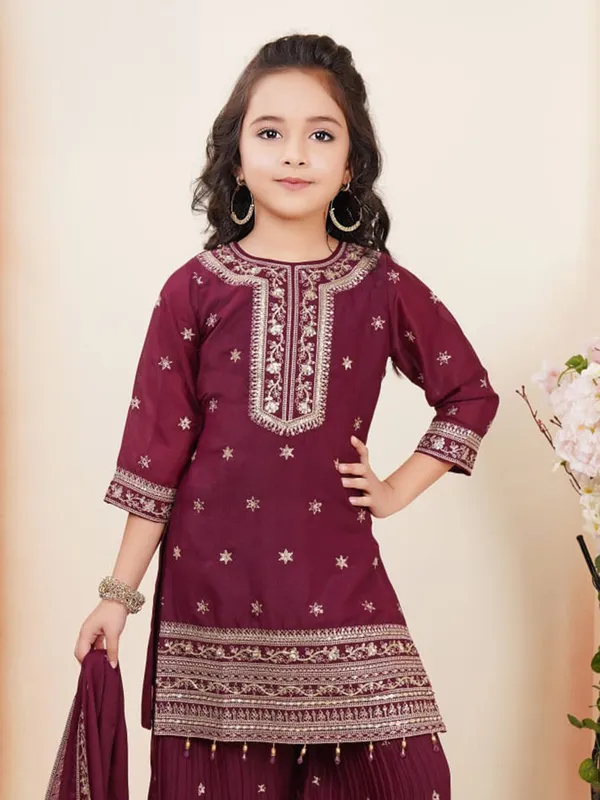 Wine silk palazzo salwar suit for girls
