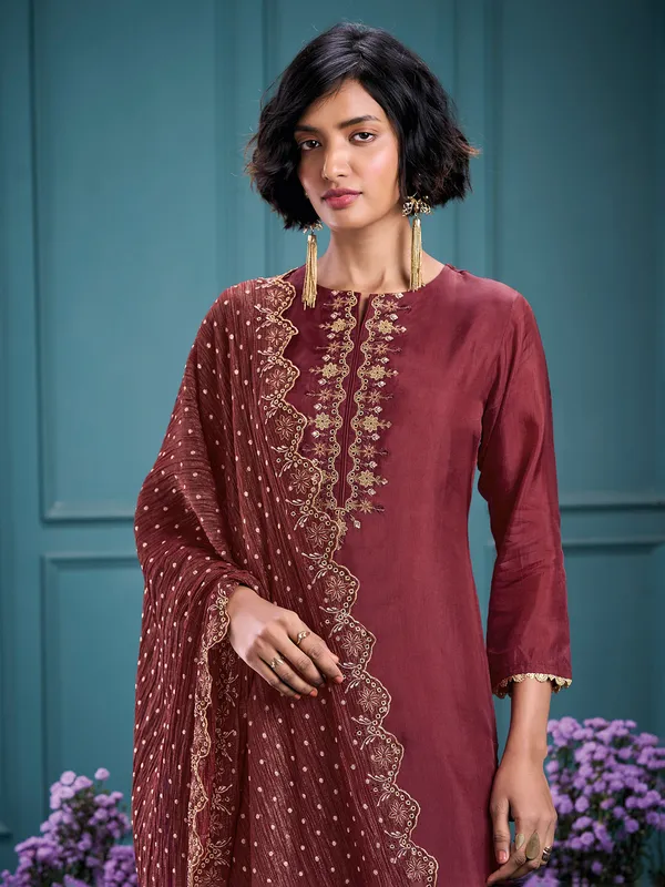 Wine silk palazzo suit with dupatta