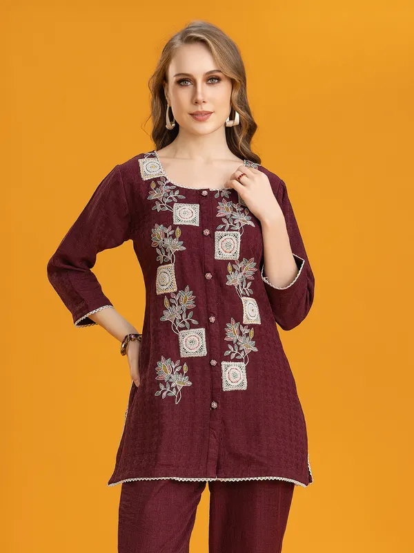 Wine silk pant co-ord set with embroidered details