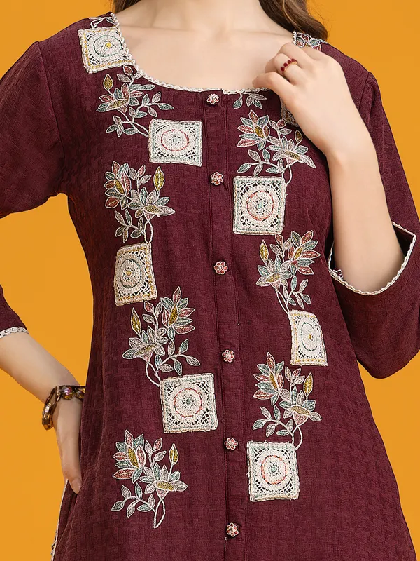 Wine silk pant co-ord set with embroidered details