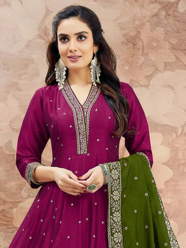 Wine silk resham worked salwar suit