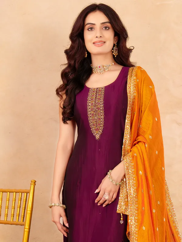 Wine silk salwar suit with dupatta for women