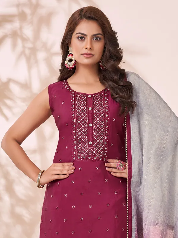 Wine silk salwar suit with embroidery and dupatta
