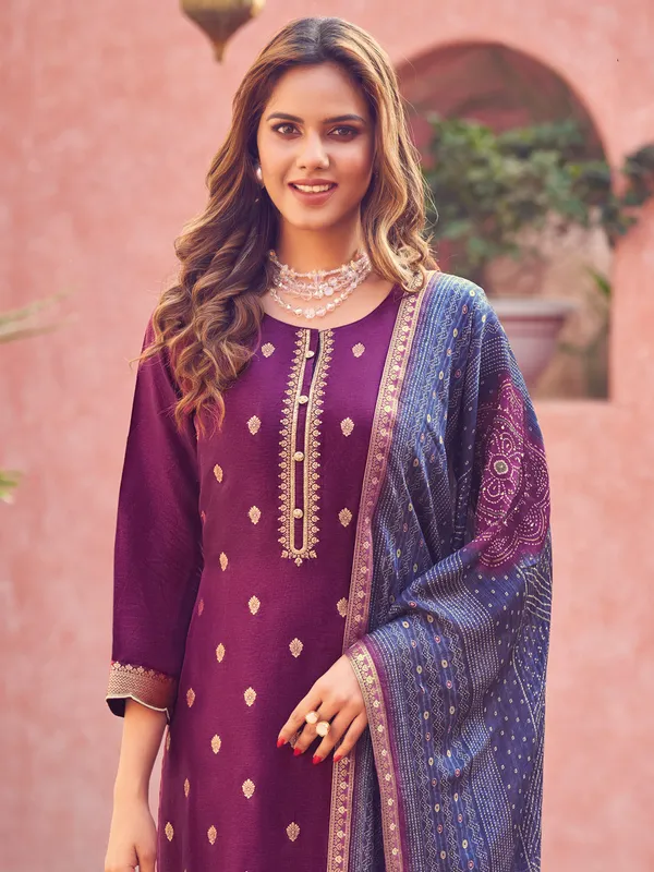 Wine silk salwar suit with printed dupatta