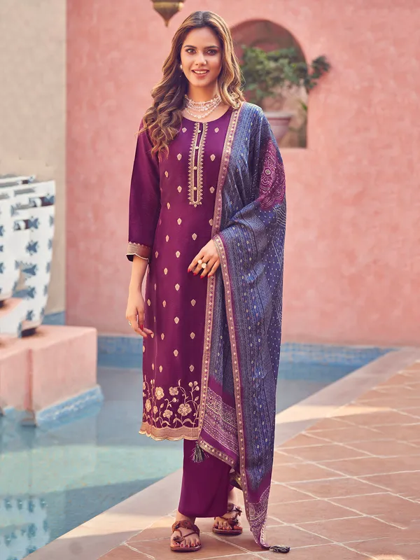 Wine silk salwar suit with printed dupatta