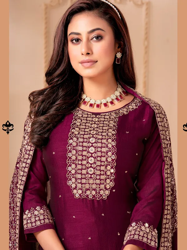 Wine silk salwar suit with resham