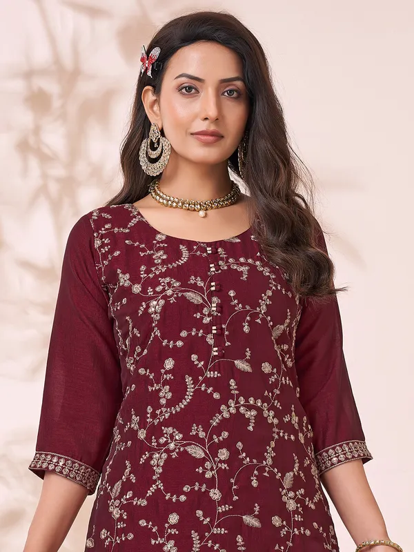 Wine silk salwar suit with resham and sequins work