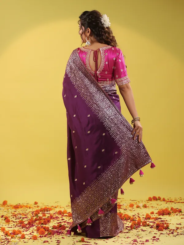 Wine silk saree for wedding celebration wear