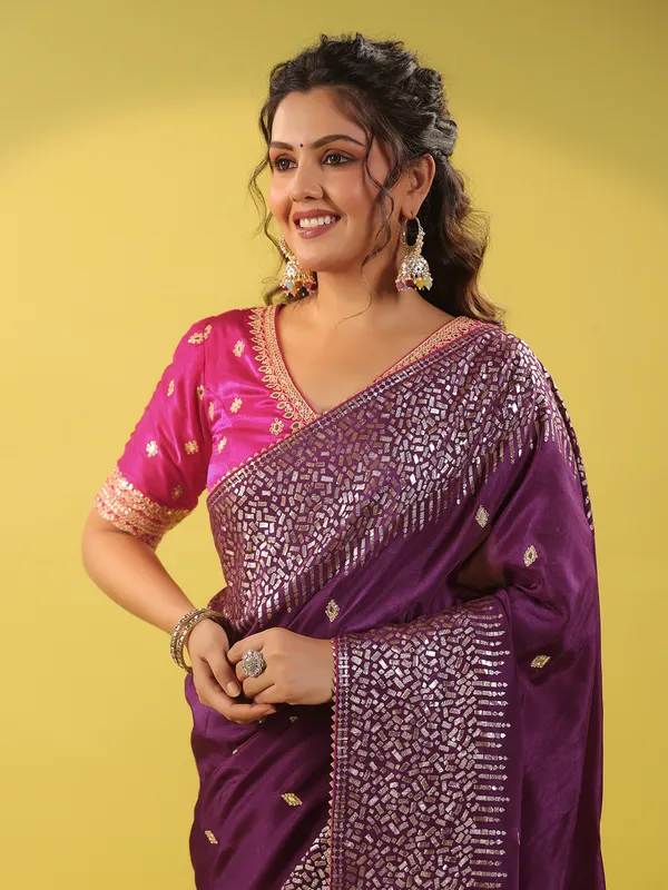Wine silk saree for wedding celebration wear