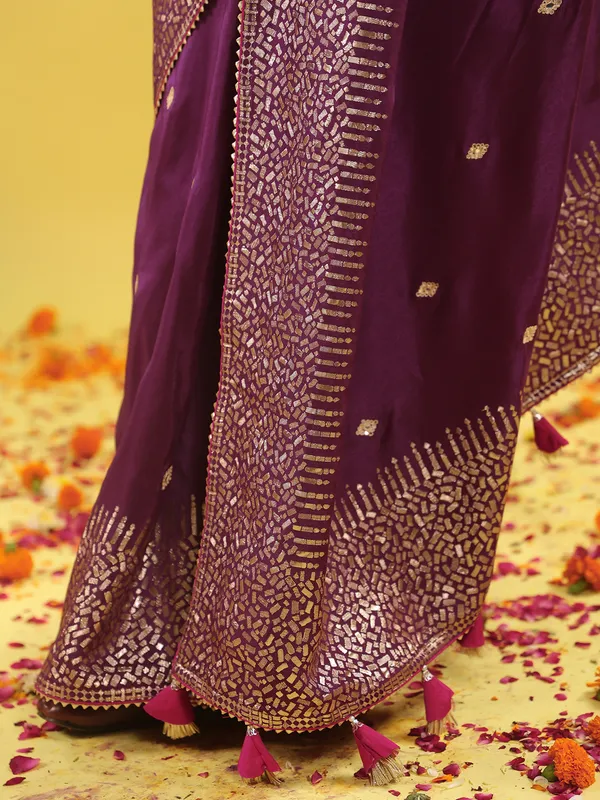 Wine silk saree for wedding celebration wear
