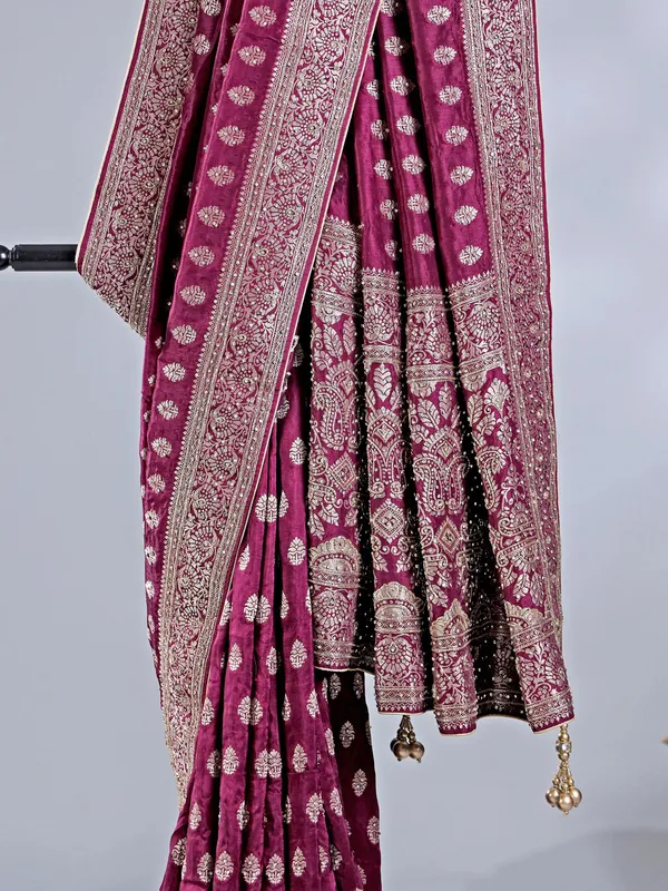 Wine silk saree with classic cutdana work