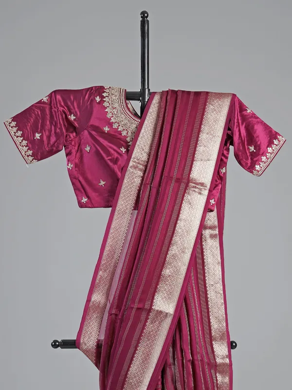 Wine silk saree with embroidered readymade blouse