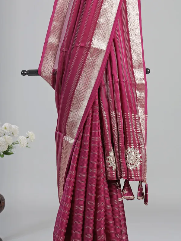 Wine silk saree with embroidered readymade blouse