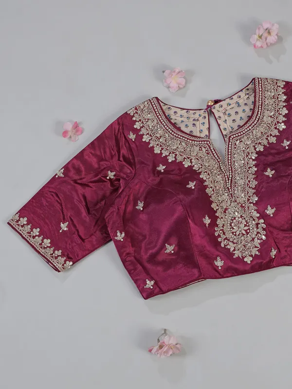 Wine silk saree with embroidered readymade blouse