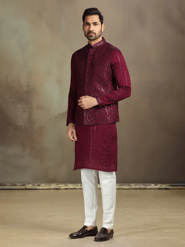 Wine silk sequin waistcoat set for men