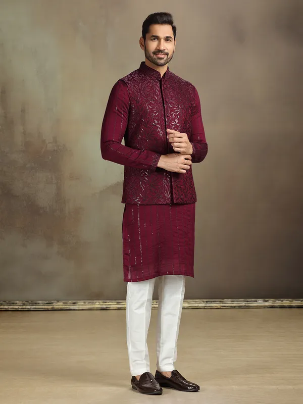 Wine silk sequin waistcoat set for men
