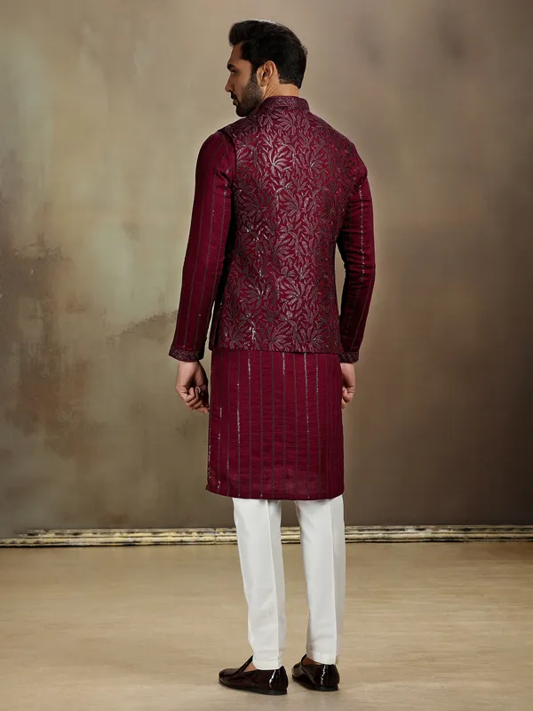 Wine silk sequin waistcoat set for men