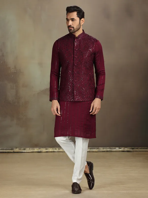 Wine silk sequin waistcoat set for men