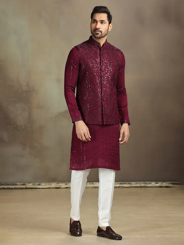 Wine silk sequin waistcoat set for men