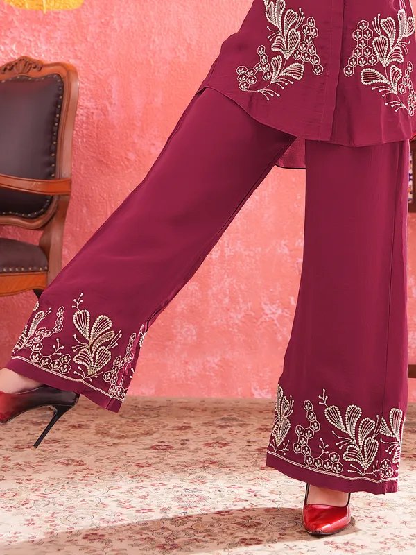Wine silk stand collar palazzo suit with thread and sequins