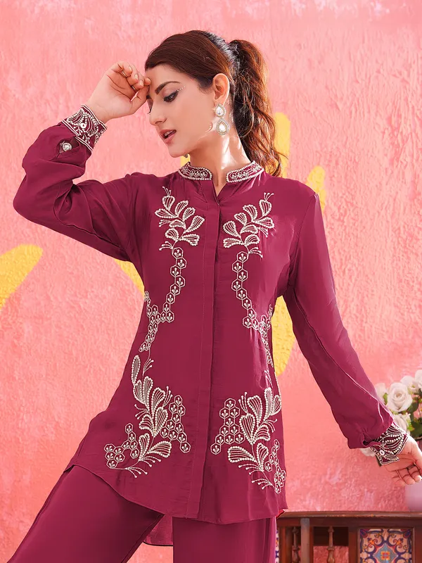 Wine silk stand collar palazzo suit with thread and sequins