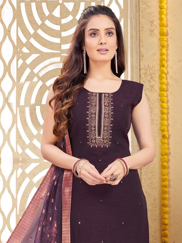 Wine silk straight cut salwar suit