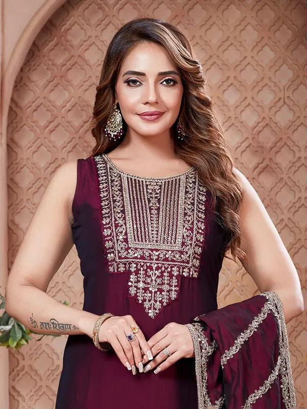 Wine silk straight cut salwar suit for women