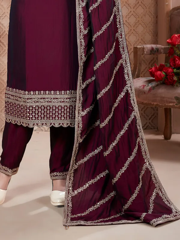 Wine silk straight cut salwar suit for women