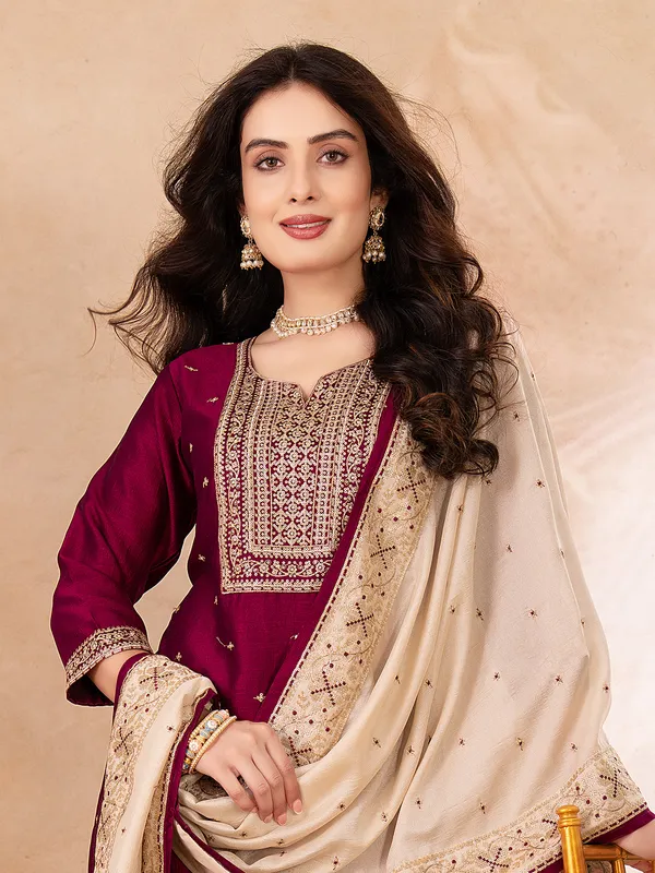 Wine silk sweetheart neck salwar suit