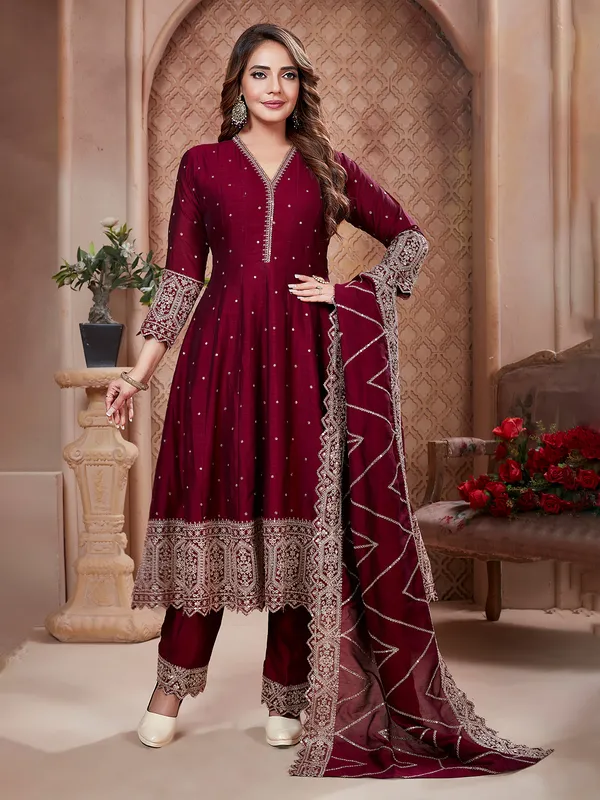 Wine silk V neck salwar suit with dupatta