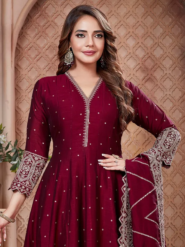 Wine silk V neck salwar suit with dupatta