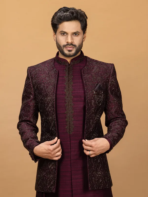 Wine silk wedding look indowestern