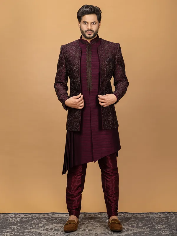 Wine silk wedding look indowestern