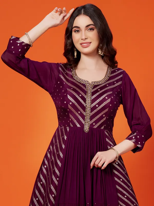 Wine silk zari weaving anarkali suit