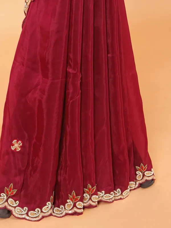 Wine soft organza saree with ready made blouse