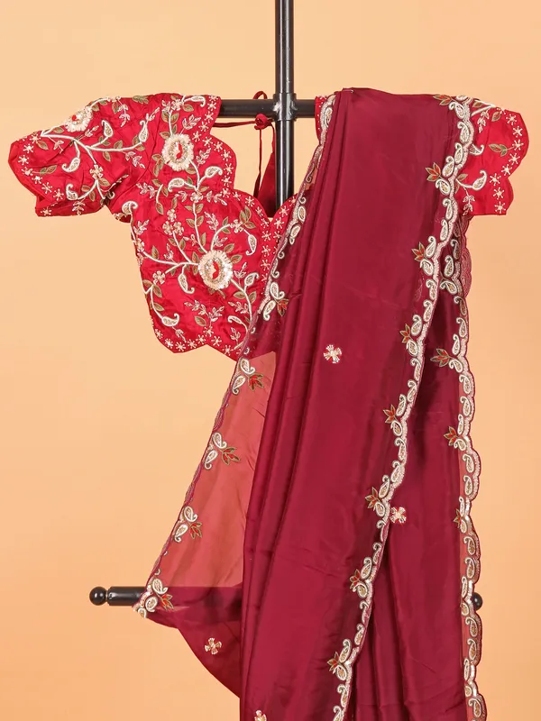 Wine soft organza saree with ready made blouse