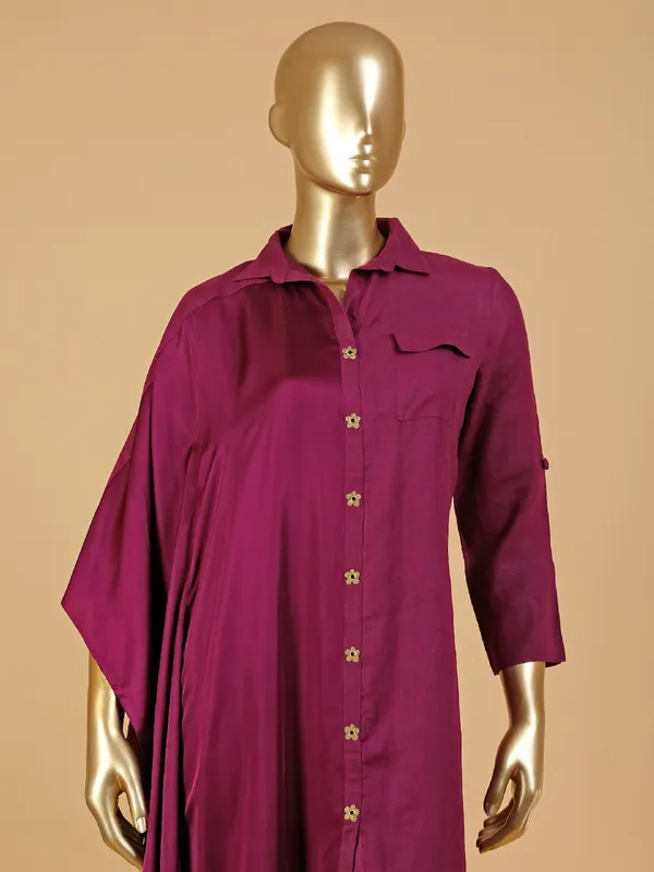 Wine solid cotton shirt style kurti