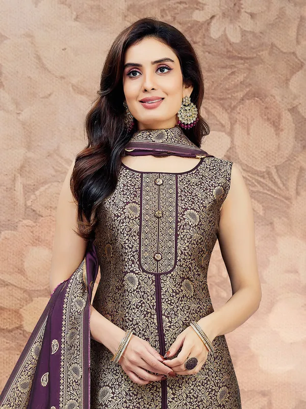 Wine straight cut silk salwar suit with zari weaving