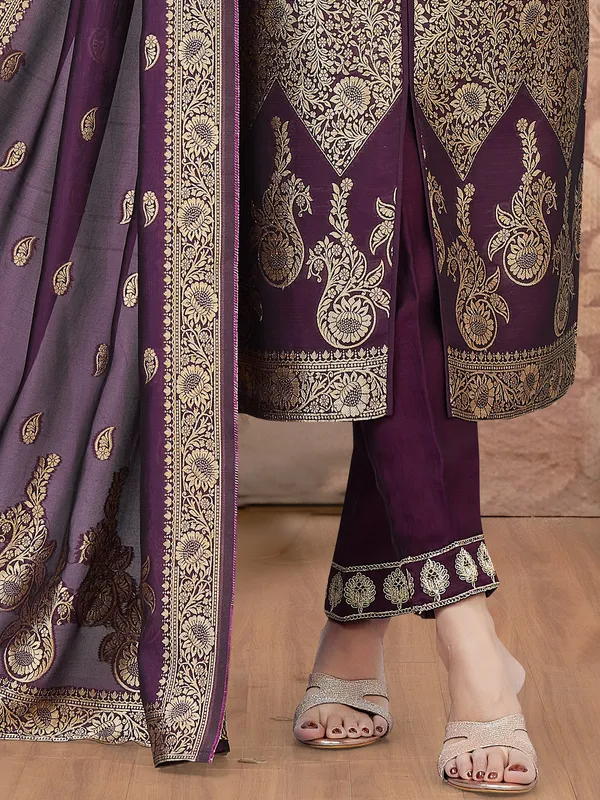 Wine straight cut silk salwar suit with zari weaving