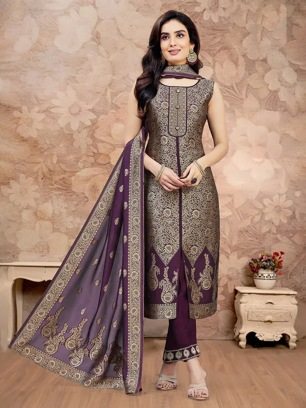 Wine straight cut silk salwar suit with zari weaving